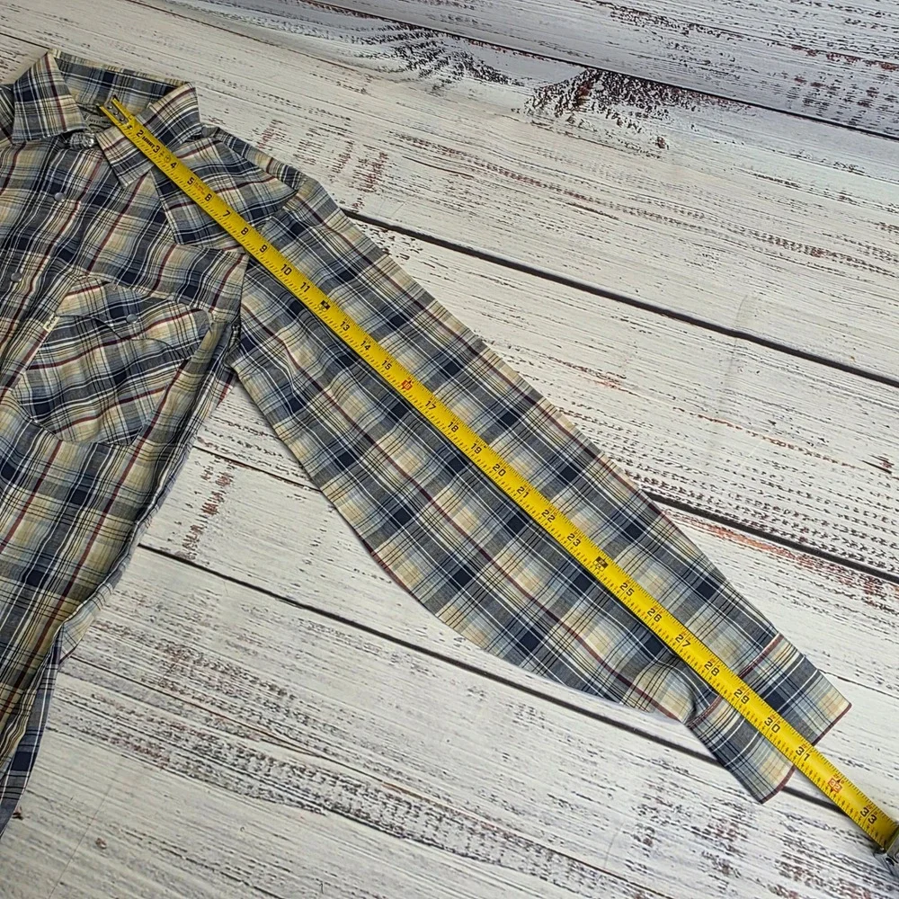Vintage 1984 Levis Western Pearl Snap Shirt Mens Small Plaid Blue Tan Light Thin